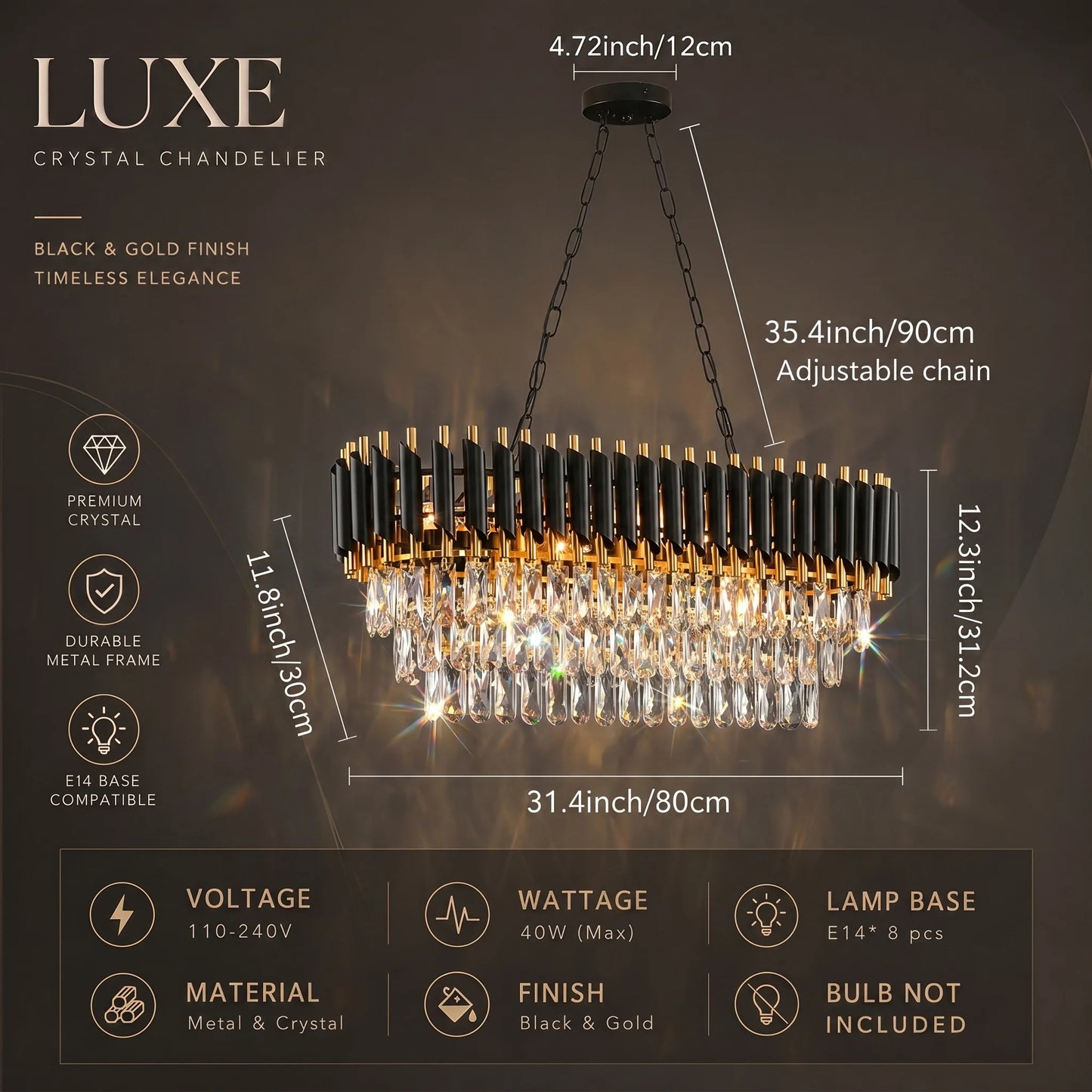 Black & Gold Crystal Chandelier – 3-Tier K9 Light