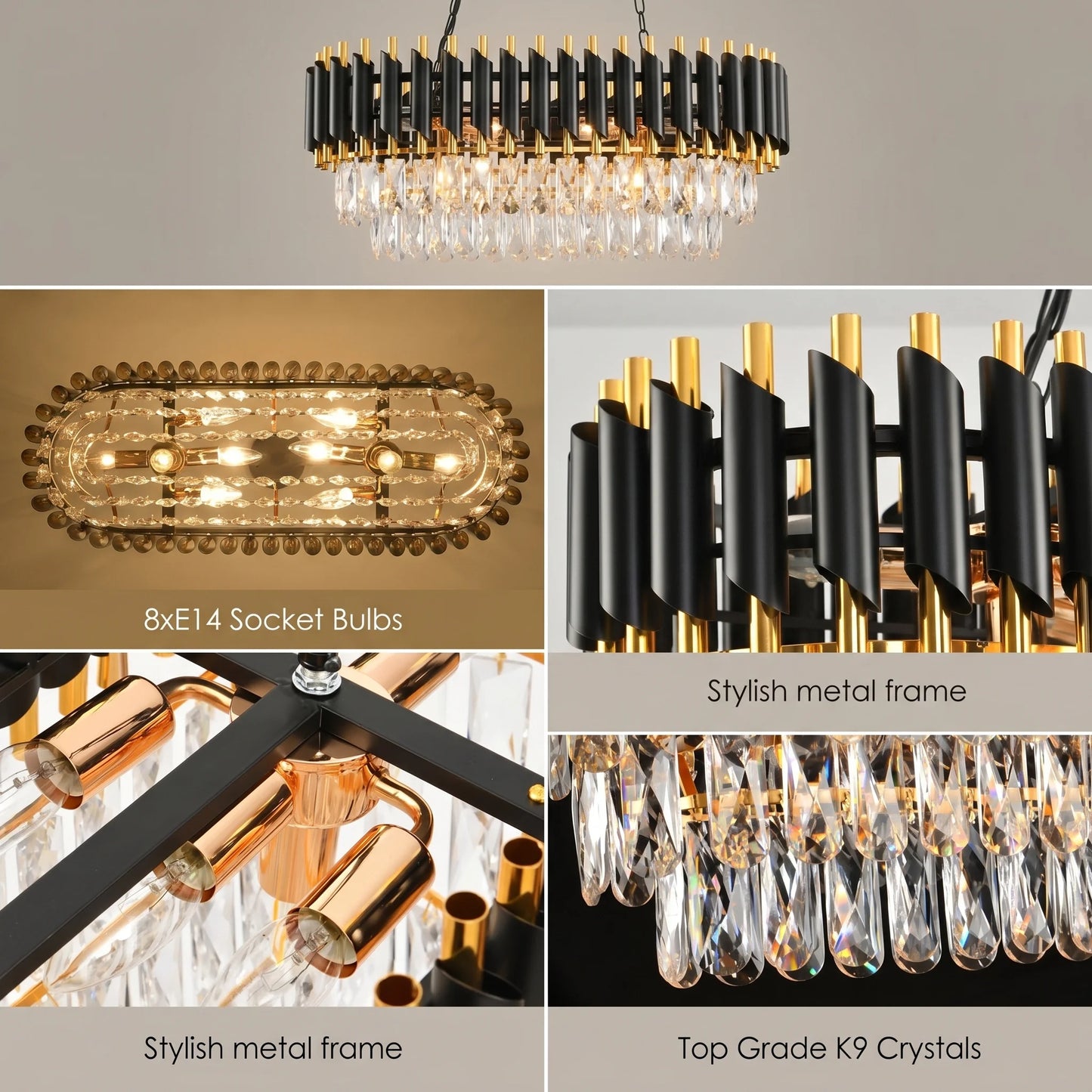 Black & Gold Crystal Chandelier – 3-Tier K9 Light