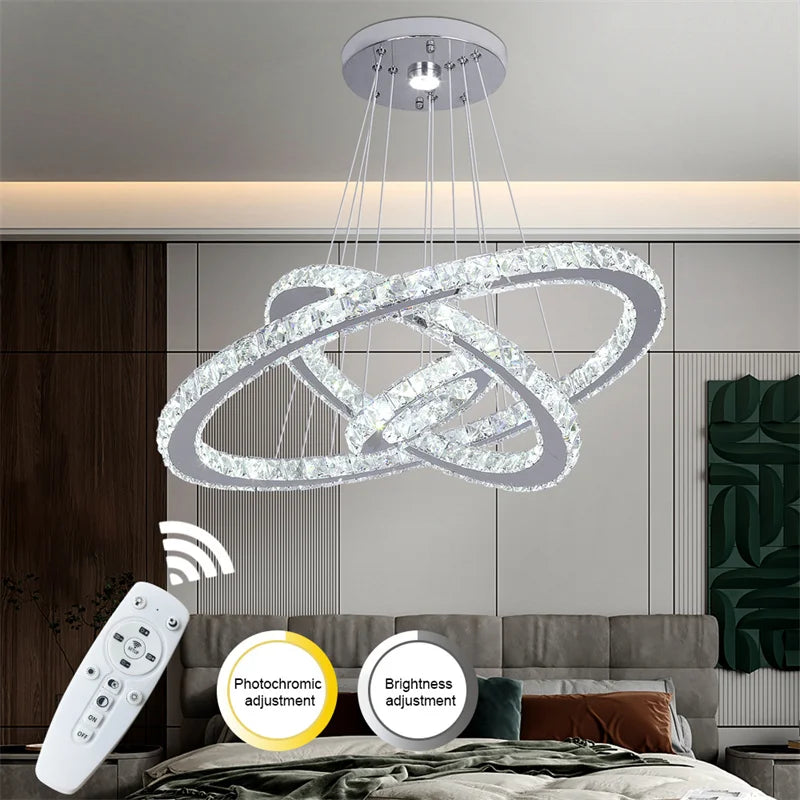 Crystal Ring Chandelier – Dimmable LED with Remote