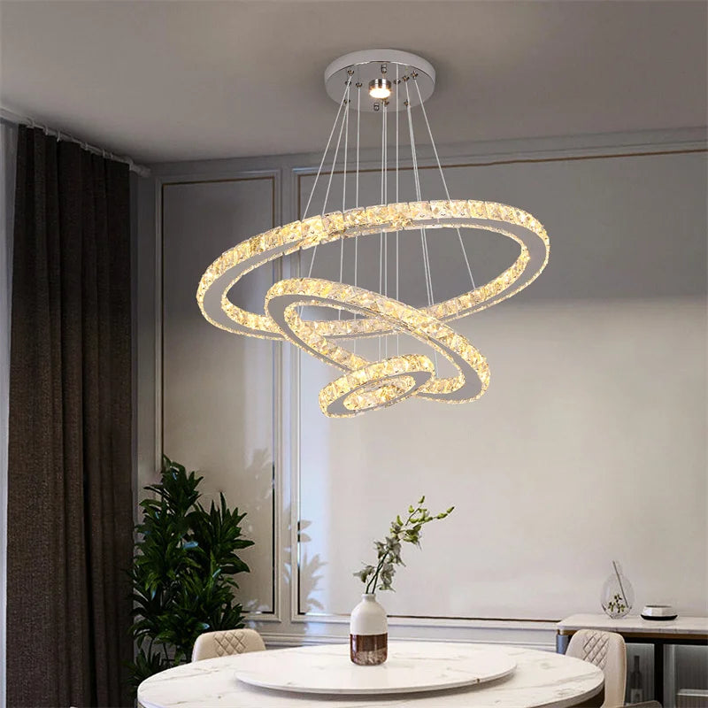 Crystal Ring Chandelier – Dimmable LED with Remote