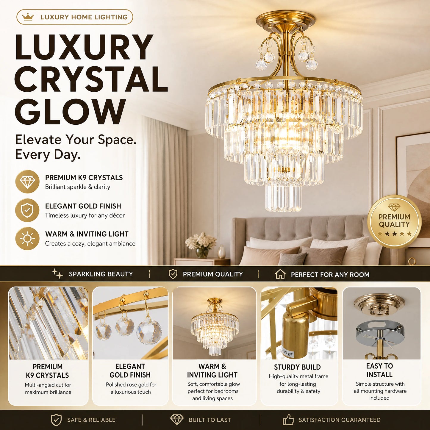 Gold Crystal Chandelier – Semi-Flush Ceiling Light
