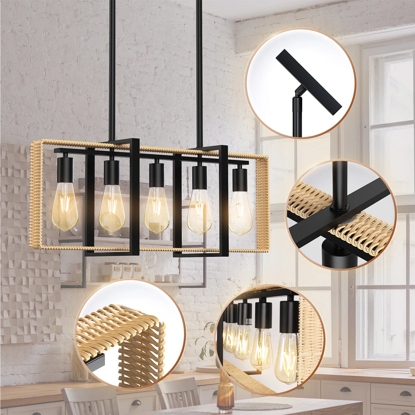 5-Light Rattan Pendant Light – Farmhouse Chandelier