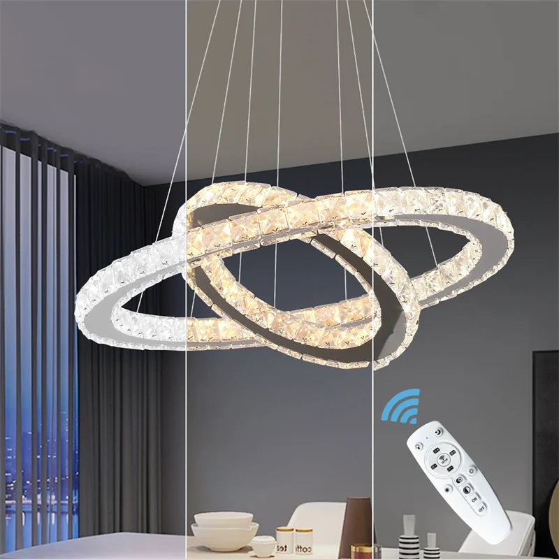 Crystal Ring Chandelier – Dimmable LED with Remote
