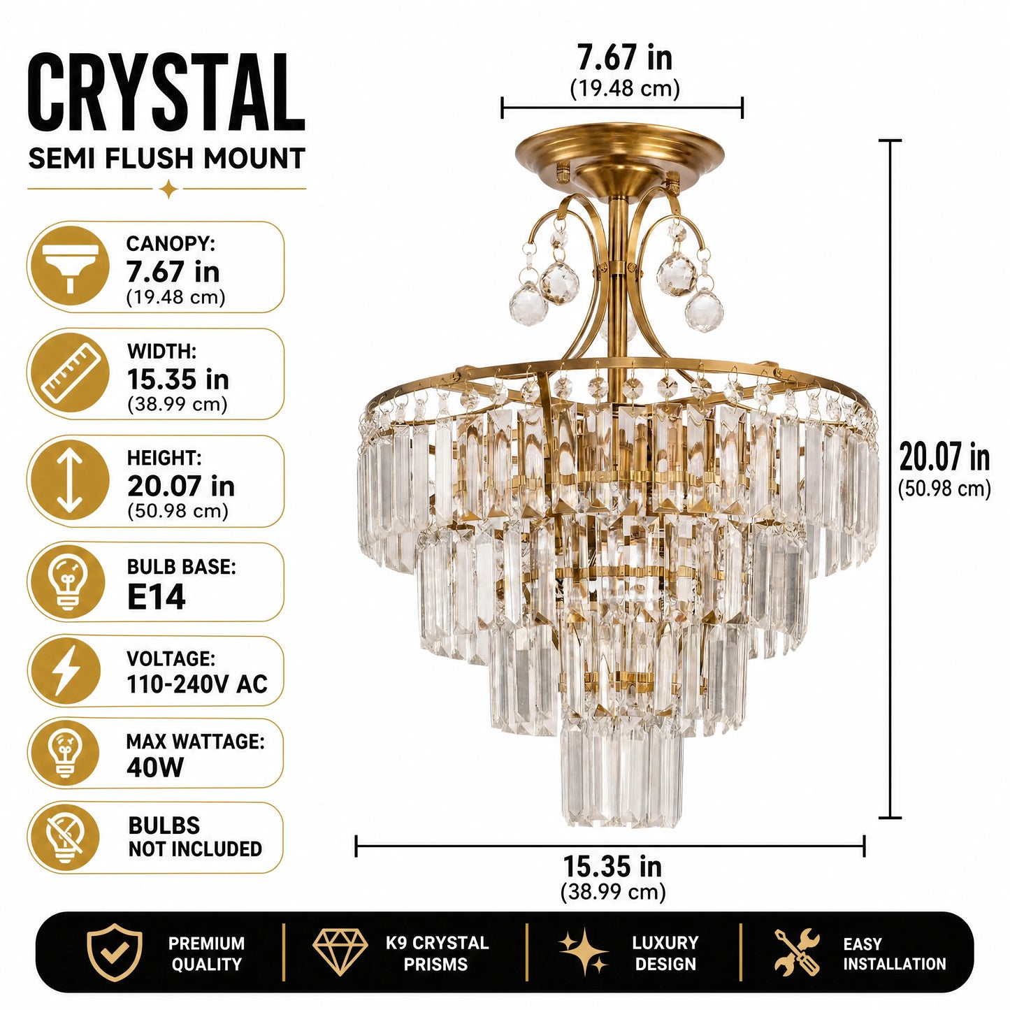 Gold Crystal Chandelier – Semi-Flush Ceiling Light