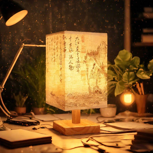 Chinese-Style Wood Table Lamp – Dimmable Fabric Shade
