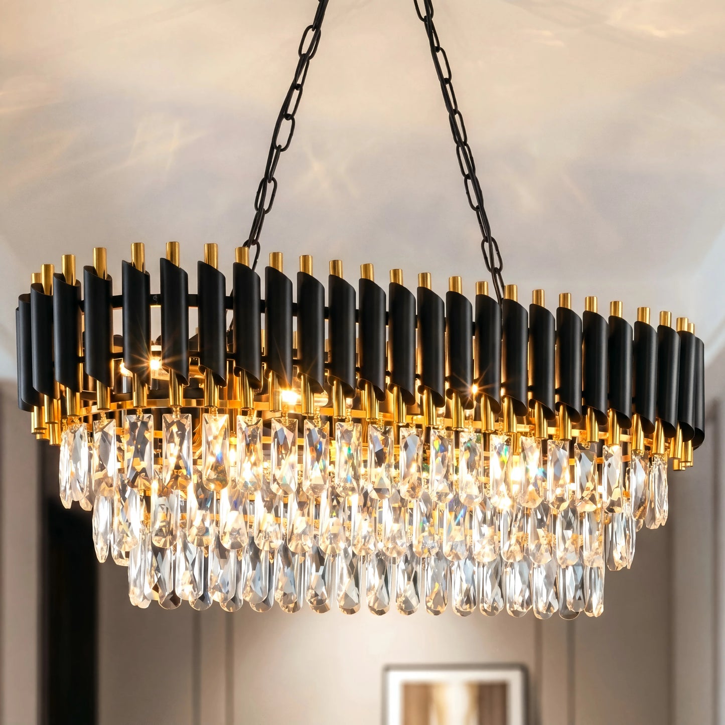 Black & Gold Crystal Chandelier – 3-Tier K9 Light