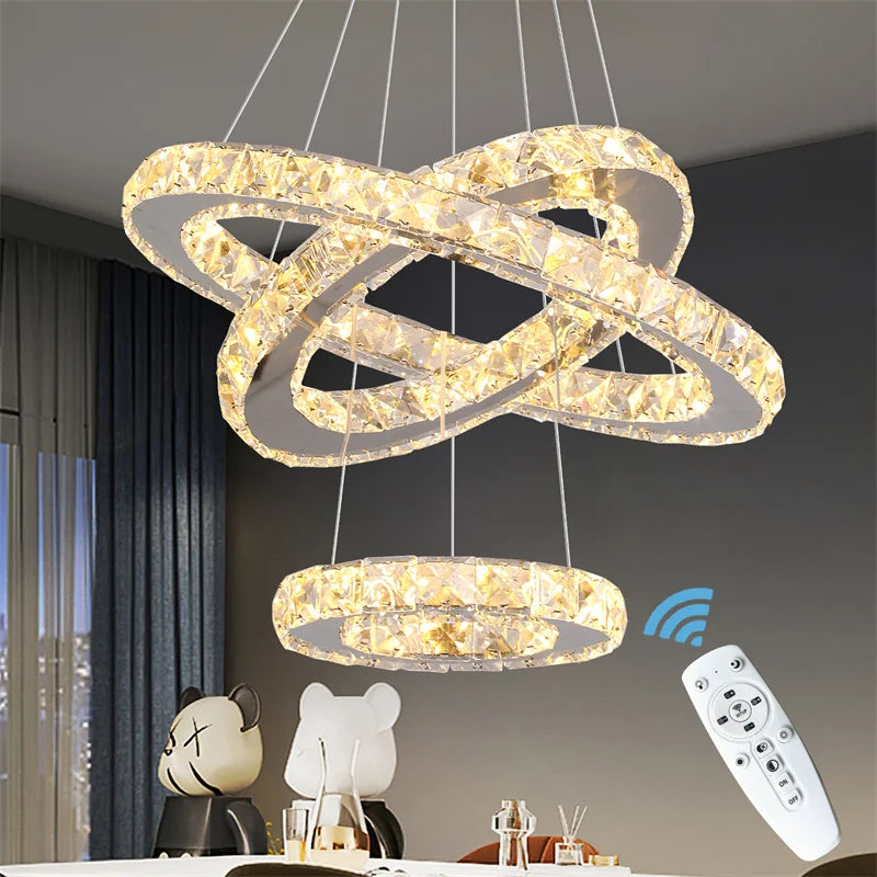 Crystal Ring Chandelier – Dimmable LED with Remote